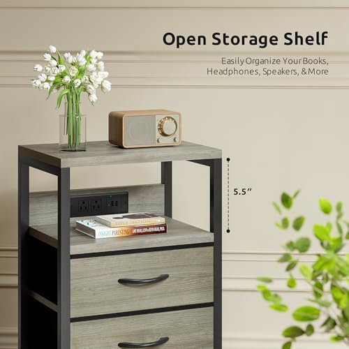 Lazzanto Night Stand with Charger Station, 3 Fabric Drawers, Grey - Image 6
