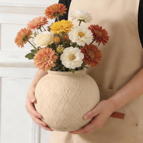 Rustic Ceramic Vintage Farmhouse Vase for Decor (Small Carved Beige) - Image 5