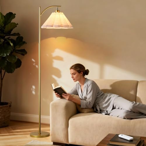 Floor Lamp with Pleated Linen Lampshade, Modern Flower Floor Lamp for Living Room Arc Standing Lamp, Gold Tall Lamp for Bedroom Office Dining Room, E26 Bulb Included - Image 2