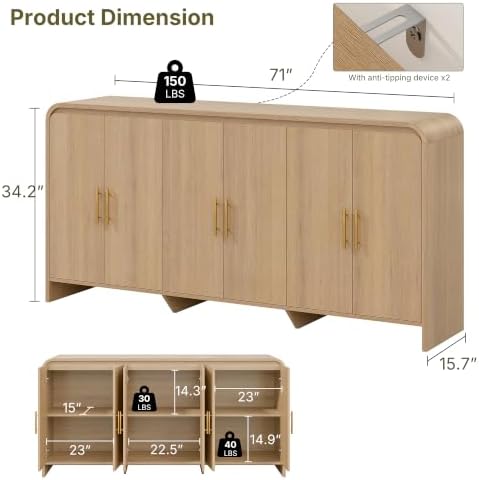 71" Modern Sideboard Buffet Cabinet with Large Storage & 6 Doors, Light Oak - Image 2