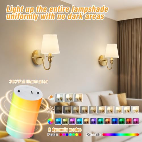 Battery Operated Wall Sconces set of Two,Wireless Wall Sconces with 10000mAh Dimmable Bulb and Remote,LED 15 Colors Rechargeable Gold Wall Sconce with Fabric for Bedroom Living Room Hallway Wall Decor - Image 3