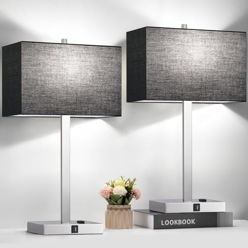 21" Touch Bedside lamps with 2 USB & AC Outlets, 3-Way Dimmable Bedside Table Lamps Set of 2 for Bedroom Living Room Office Reading, Black Shade Lamps for Night Stands, 5000K LED Bulbs Included by BringBrightnesstoYourLife