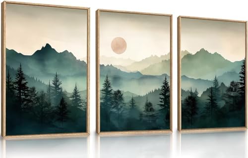 LHIUEM Large Boho Mountain Framed Wall Art Set,Green Foggy Forest Wall Painting,Abstract Nature Sunrise Artwork,Watercolor Pine Tree Wall Decor for Living Room,Bedroom,Office-24''x36''x3 by LHIUEM