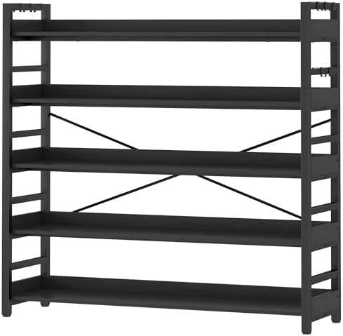 HCHQHS 5 Tier Bookshelf, Adjustable Industrial Bookcase, Vertical Tall Book Shelf, Wood and Black Metal Open Bookshelves for Home Office, Living Room, Bedroom by HCHQHS