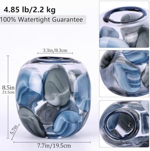 Hand Blown Blue Glass Vase, 8.5 in Round Wide Mouth Blue Gray Vase, Decorative Glass Vase for Flowers, Coastal Home Decor Centerpiece for Table, Shelf, Entryway, in The Bathroom, or Living Room - Image 2