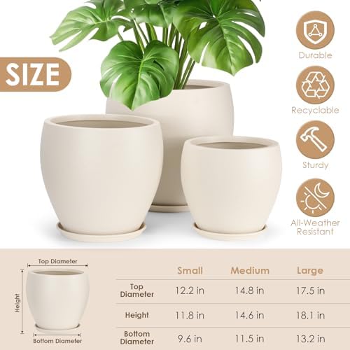 YNNICO 17.5/14.8/12.2 inch Set of 3, Large Plastic Planter with Saucer - Image 2