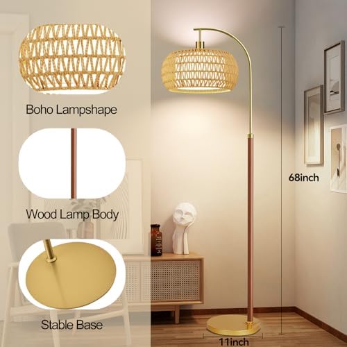 Wood Arc Floor Lamps for Living Room,Boho Rattan Floor Lamp with Remote Control & 3 Color Temperatures,Dimmable Mid Century Modern Standing Lamp Farmhouse Vintage Tall Floor Lamp For Bedroom Corner - Image 5