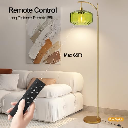 Gold Floor Lamps for Living Room Bedroom,Glass Floor Lamp with Remote Control & Green Lampshade,Arc Dimmable Floor Lamp Mid Century Modern Standing Lamp Vintage Tall Floor Lamps for Bedroom Corner - Image 3