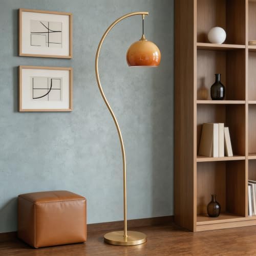 Vintage Gold Arc Floor Lamp with Orange Glass Shade by Unknown