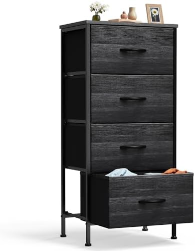 DUMOS Nightstand with 4 Drawers Bedside Table with Removable Fabric Bins Sturdy Steel Frame Wood Top Organizer Furniture for Bedroom Closet Living Room,Black Wood Grain by DumosLifestyle