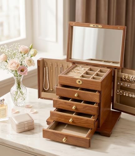 Wood Jewelry Box Organizer 5-Drawer Lockable with Mirror - Image 4
