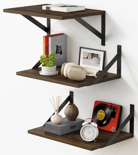Forbena 12 Inch Deep Floating Shelves for Wall Set of 3, Wooden Wall Bookshelf for Bedroom Books, Rustic Wood Hanging Bookshelves for Bathroom Living Room Office Storage (Dark Brown) by Forbena