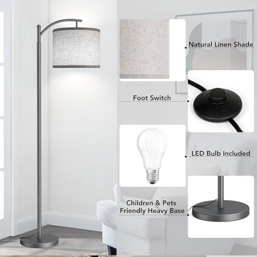 Floor Lamp for Living Room with 3 Color Temperatures LED Bulb, Standing Lamp Tall Industrial Floor Lamp Reading for Bedroom, Office (9W LED Bulb, Beige Lampshade Included) -Grey - Image 5