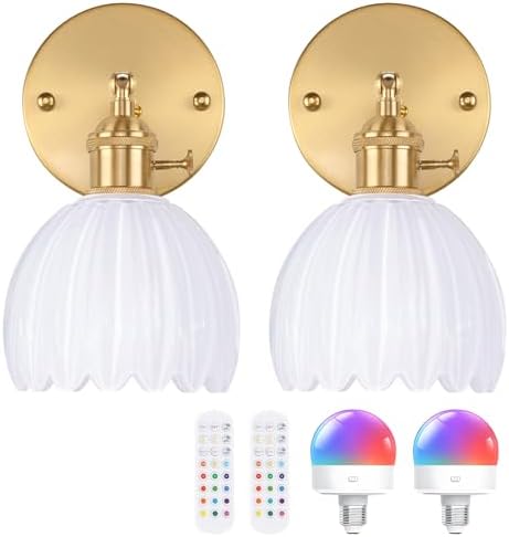 Shenmoyl Vintage Battery Operated Wall Sconce with White Tulip Glass Lampshade Rechargeable Battery Powered Wall Light with Remote Control for Bedside Bedroom Doorway, Set of 2 by Shenmoyl
