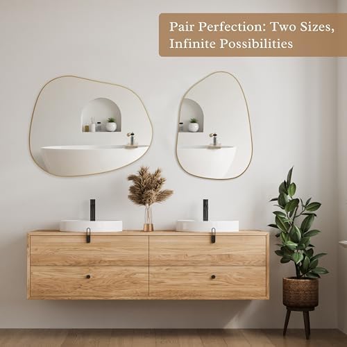 PERFNIQUE Irregular Asymmetrical Wall Mirror, 32"x24" Gold Bathroom Mirror - Image 4