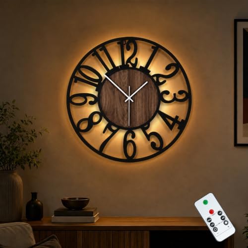 20" Silent Wall Clock – Adjustable Night Light, Battery Operated by Casaformia