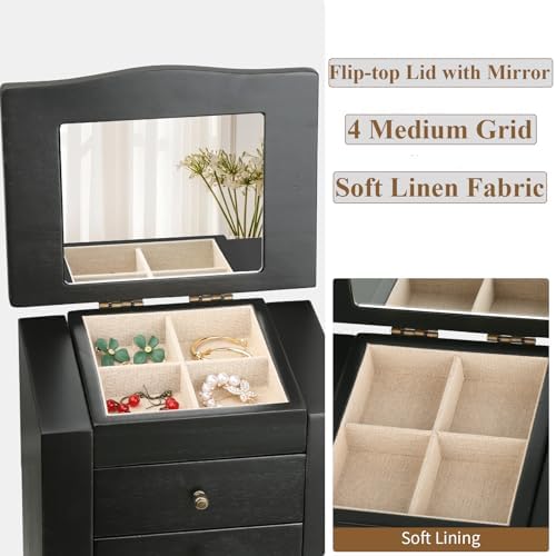 Meangood Jewelry Box Jewelry Organizer, 5-Layer Wooden Jewelry Organizers and Storage Boxes for Women Girls, Ring Earring Bracelet Necklace Holder Organizer with Mirror & Drawers(Black) - Image 3