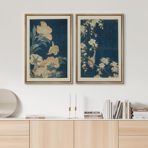 SIGNWIN Framed Canvas Print Wall Art Set Vintage Japanese Floral and Bird Illustrations Modern Art Rustic Ultra for Living Room, Bedroom, Office - 24"x36"x2 NATURAL - Image 3