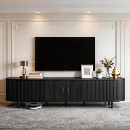 MXV 80" Mid-Century Modern TV Stand with Sliding Doors, TV Consoles with Power Outlet, Fluted Entertainment Center with Adjustable Shelves, for Living Room - Image 2