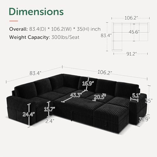 HONBAY Modular Sectional Sleeper Sofa with Pull Out Bed,Corduroy U Shaped Couch with Storage, Sectional Couches for Living Room,Black - Image 2