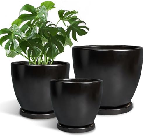 Ceramic Pots for Plants, 10+8+6 Inch Modern Flower Pot, Black by EPFamily