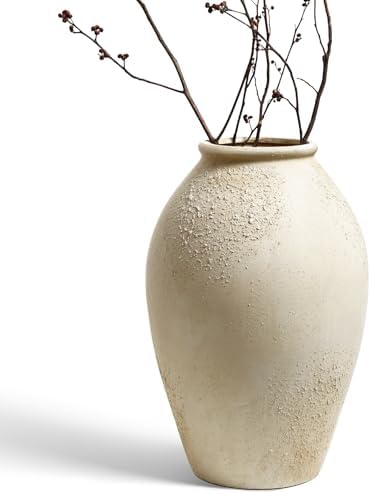 LE TAUCI Ceramic Flower Vase, 13.2 Inch Large Rustic Farmhouse Vase, Tall Floor Vase for Home Decor, Living Room Table & Mantel Centerpiece, Watertight & Sturdy, Matte Sandy Beige White by LETAUCI
