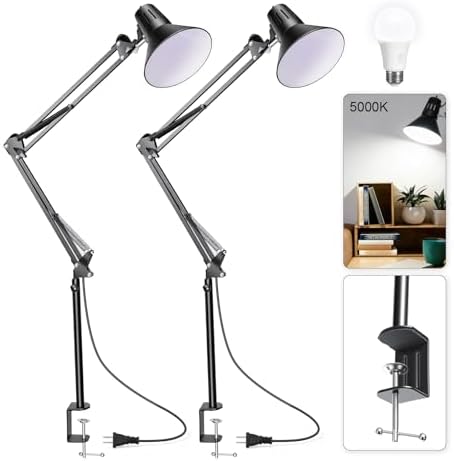 Black Desk Lamp with Clamp, Extra-Tall Adjustable Metal Swing Arm, 2 Pack by Coospider