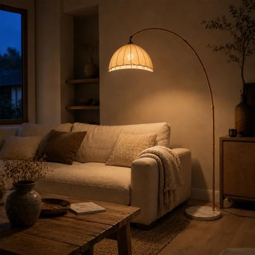 Boho Arc Floor Lamp with Fabric Shade,Simulated Bamboo Standing Lamp - Image 4
