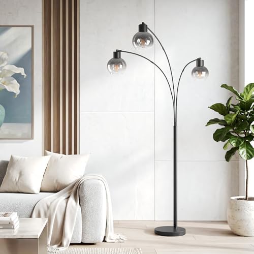 QiMH 3 Lights Floor Lamps for Living Room, 72" Tall Lamp with Gray Glass Shade, Large Tree Floor Lamp with Foot Switch, Modern Arch Floor Lamp for Bedroom Office, Black, 2700K Bulbs Included - Image 6
