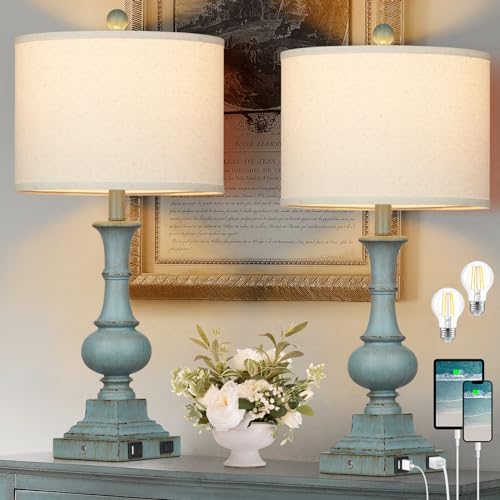 Farmhouse Table Lamps Set of 2, 26" Vintage Rustic Touch Control 3-Way Dimmable Bedside Lamp with USB A+C Ports & AC Outlet, Blue Nightstand Lamp for Living Room Bedroom End Table(LED Bulbs Included) by Lolikit