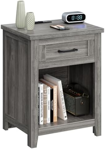 Decofy Farmhouse Nightstand with Charging Station, Grey Oak by Decofy