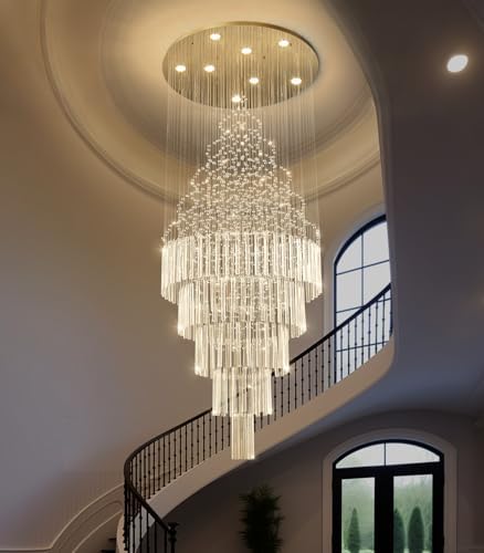 HAIXIANG W24 x H78 Crystal Glam Chandelier Long Light Chandeliers with Dimmable Light Bulbs High Ceiling Light Fixtures for Foyer Entryway Living Room Stair Gold - Image 5