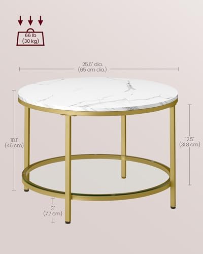 VASAGLE Round Coffee Table, 2-Tier, Faux Marble Top, Glass Storage Shelf - Image 3