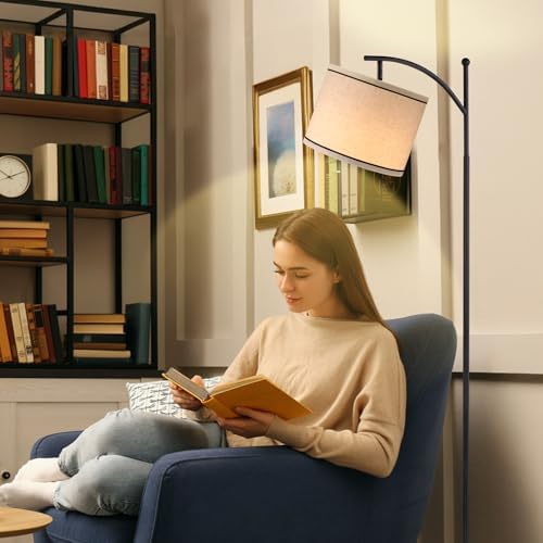 Ambimall 60" Floor Lamp for Living Room with 3 Color Temperatures, Beige Lampshade with Black Stripes, Tall Lamp for Bedroom Office, 9W Bulb Included - Image 4