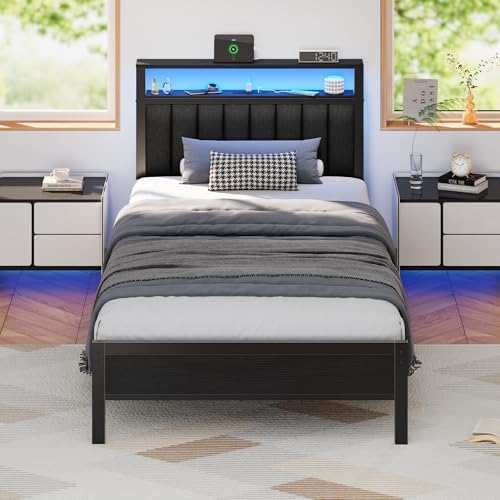 Furnulem Twin Size Bed Frame with Charging Station and LED Lights by Furnulem