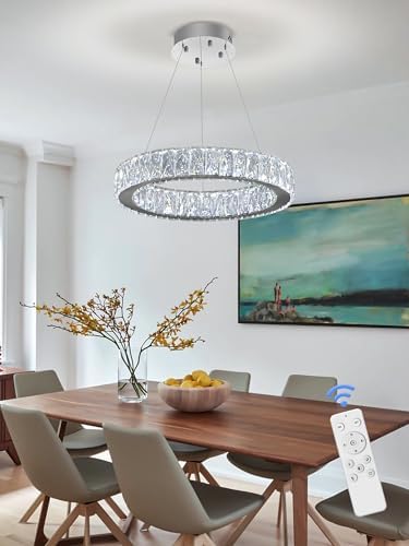 Modern LED 23.6" Ring Chandelier for Dining Room Living Room Dimmable Crystal Pendant Light Adjustable Round Chrome Crystal Chandelier - Image 6
