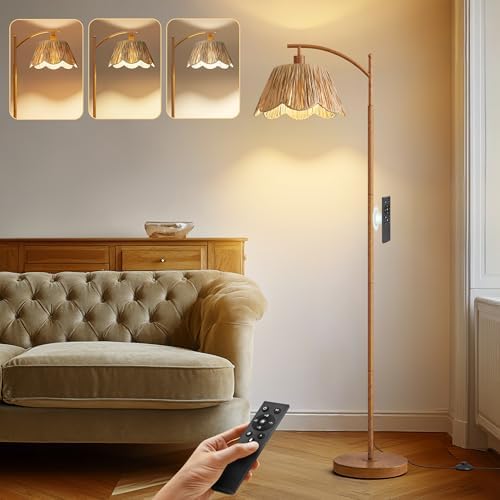 Oneach Boho Floor Lamp for Living Room with Remote & Dimmable Bulb, Farmhouse Floor Lamps with 3 Color Temperatures, Rattan Floor Lamp for Bedroom, Walnut by Oneach