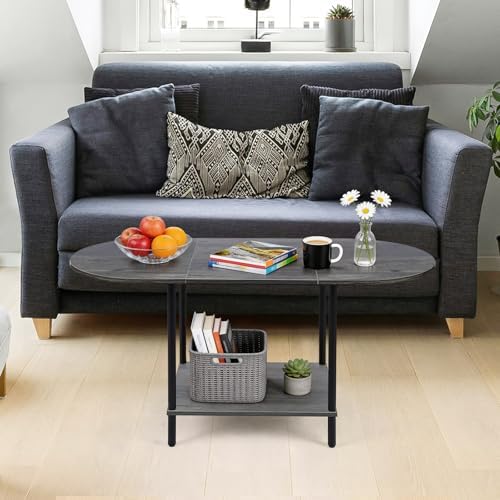 Small Coffee Table,35.4'' Oval Coffee Table with Storage Shelf & Metal Frame,Low Cocktail Tea Accent Table for Apartment,Modern Mid Century Small Living Room Table,Dark Gray - Image 3