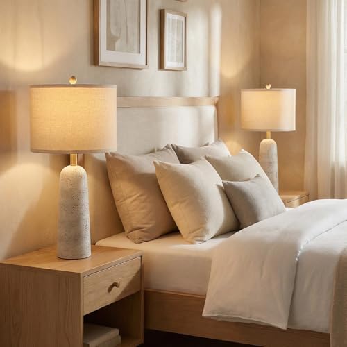 BOBOMOMO 27.25" Modern Table Lamp Set of 2, White Resin Table Lamps with Stone Look, Lamps for Living Room with Linen Shades, Bedside Lamps for Bedroom, Nightstand, Entryway - Image 7