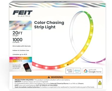 Feit Electric 20FT Smart LED Strip Light, Chasing RGB + Tunable White, App & Remote Control, Alexa & Google Home Compatible, Linkable & Cuttable Tape Light, TAPE20/CHASE/AG by FeitElectricCompany