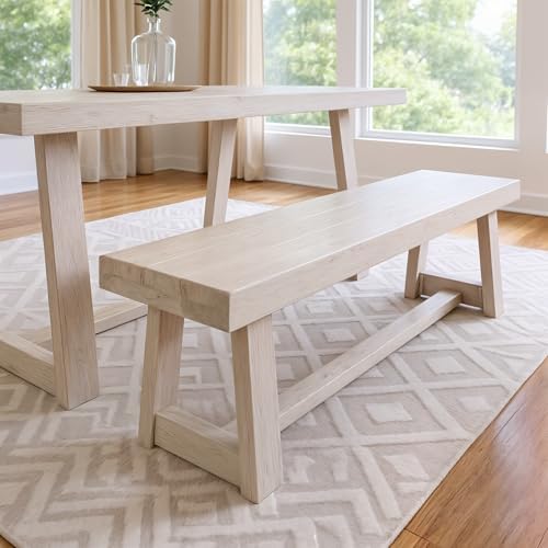 Plank+Beam Classic Dining Bench, 60 Inch, White Sand Wirebrush by PlankBeam