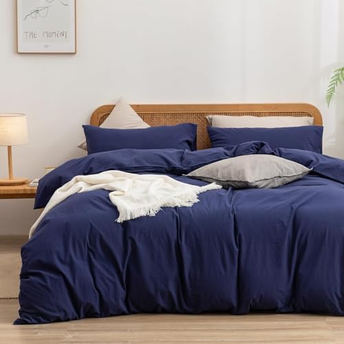 BESTOUCH Cotton Solid Duvet Cover Set Linen Feel Navy Blue Super King Plus by BESTOUCH