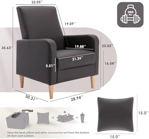 COLAMY Mid-Century Modern Accent Chair, Faux Leather Upholstered Living Room Chair with Back Pillow & Solid Wood Legs, Comfy Armchair for Living Room, Bedroom, Single Sofa, Dark Brown - Image 2