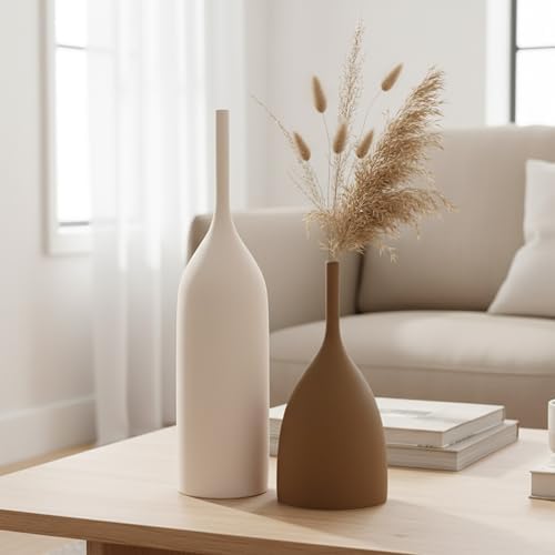 Ceramic Vases Set of 2, Modern Boho Vases for Centerpiece Decor, Matte Minimalist Neutral Vases for Home Decor, Living Room, Bookshelf, and Entryway Table Decor (Multicolor-2) by DecoVlog