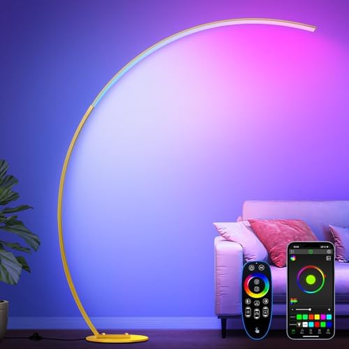 RGB Floor Lamp with 3 Color Temperatures, Ultra Bright 1800LM Smart Arc LED Floor Lamp with Remote Control, Music Sync, Scene Modes, Modern Standing Tall Lamp for Bedroom Living Room Gaming Rooms-Gold by Nintiue
