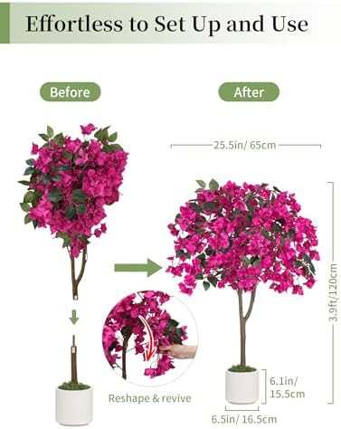 BLOSMON 3.9ft Bougainvillea Artificial Tree for Porch, Set of 2, Hot Pink - Image 3