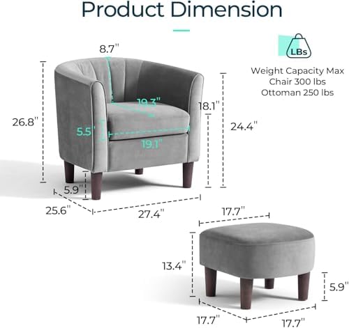 LINSY Accent Chair with Ottoman, Modern Barrel Chair Small Armchair Reading Chair with Footrest, Comfy Round Arms Chair for Living Room Bedroom Reading Room, Velvet(Grey) - Image 2