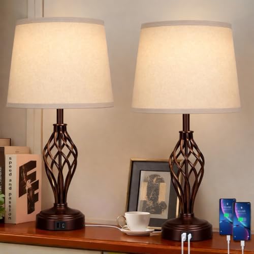 Ruiever Touch Table Lamps Set of 2, nightstand lamp with USB Ports Bedside 3 Way Touch dimmer Desk lamp for Living Room Bedroom,Brown Painted Spiral cage Base Design Warm White dimmer Bulbs Included. by Ruiever