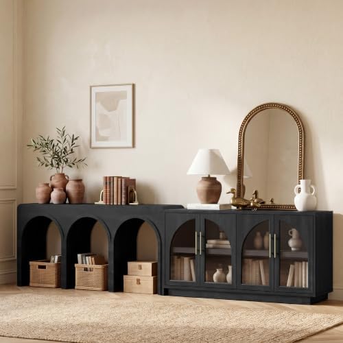 Fatmok Extra Long Console Table with Storage,Modular Buffet Sideboard Cabinet with Arched Glass Doors for Living Room,Entryway,Hallway,Black Grey(GB,2-Piece) by Fatmok