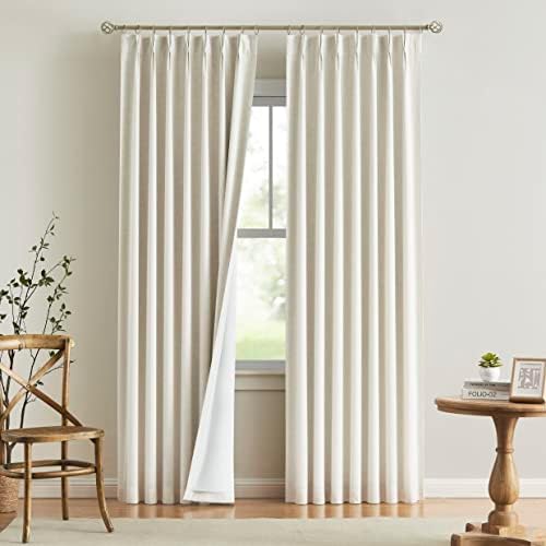 Vision Home Natural Pinch Pleated Full Blackout Curtains Linen Blended Room Darkening Window Curtains 95 inch for Living Room Bedroom Thermal Insulated Pinch Pleat Drapes with Hooks 2 Panel 40"Wx95"L by VisionHome